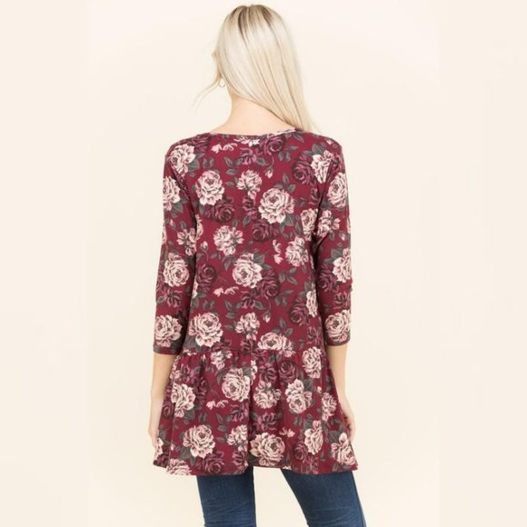 Floral 3/4 Sleeve Blouse Top Burgundy Plus Size - Picture 3 of 5